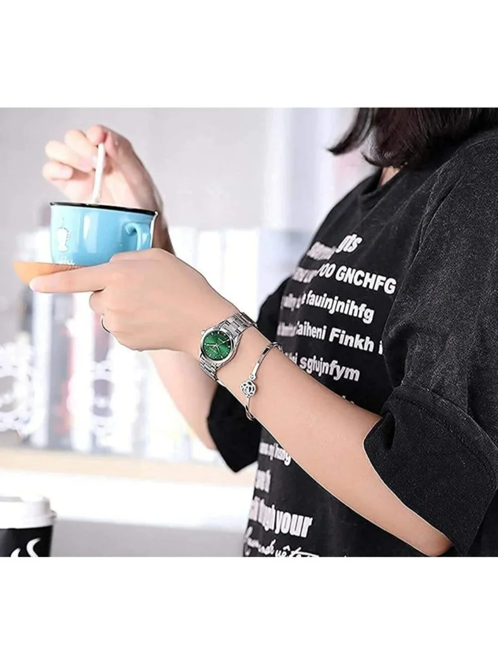 Women's Green Analog Quartz Stainless Steel Luminous Waterproof Dress Watches
